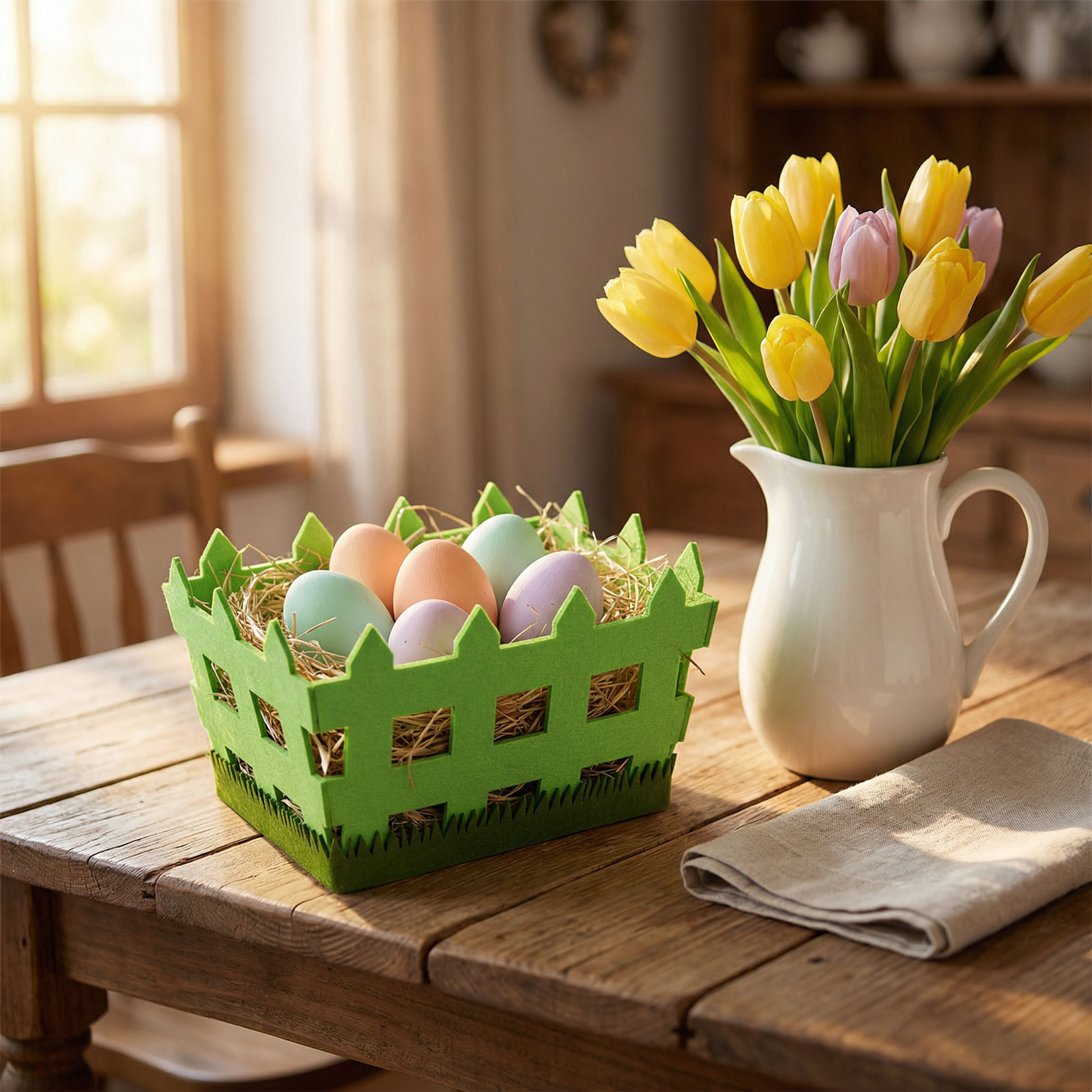 Zöld húsvéti tojáskosár szénával, tulipánok fehér kancsóban, faasztalon.