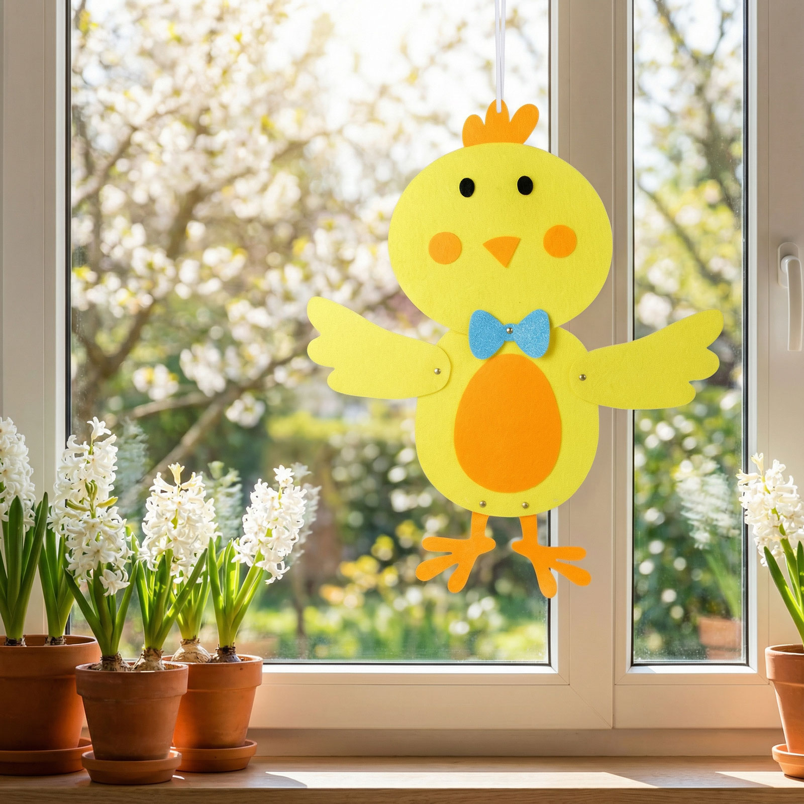 Sárga filccsibe kék masnival ablak előtt virágokkal.