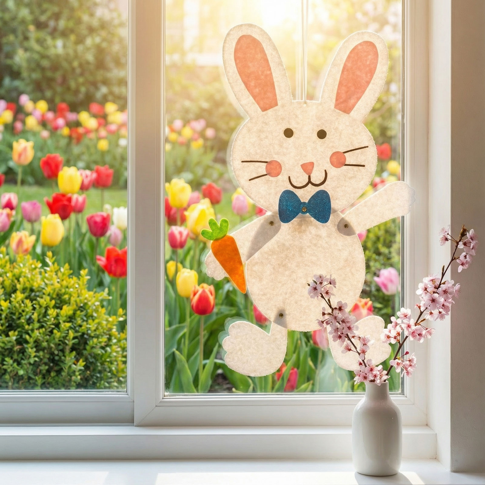 Húsvéti nyuszi dekoráció ablakon, tulipánokkal és cseresznyevirágokkal.