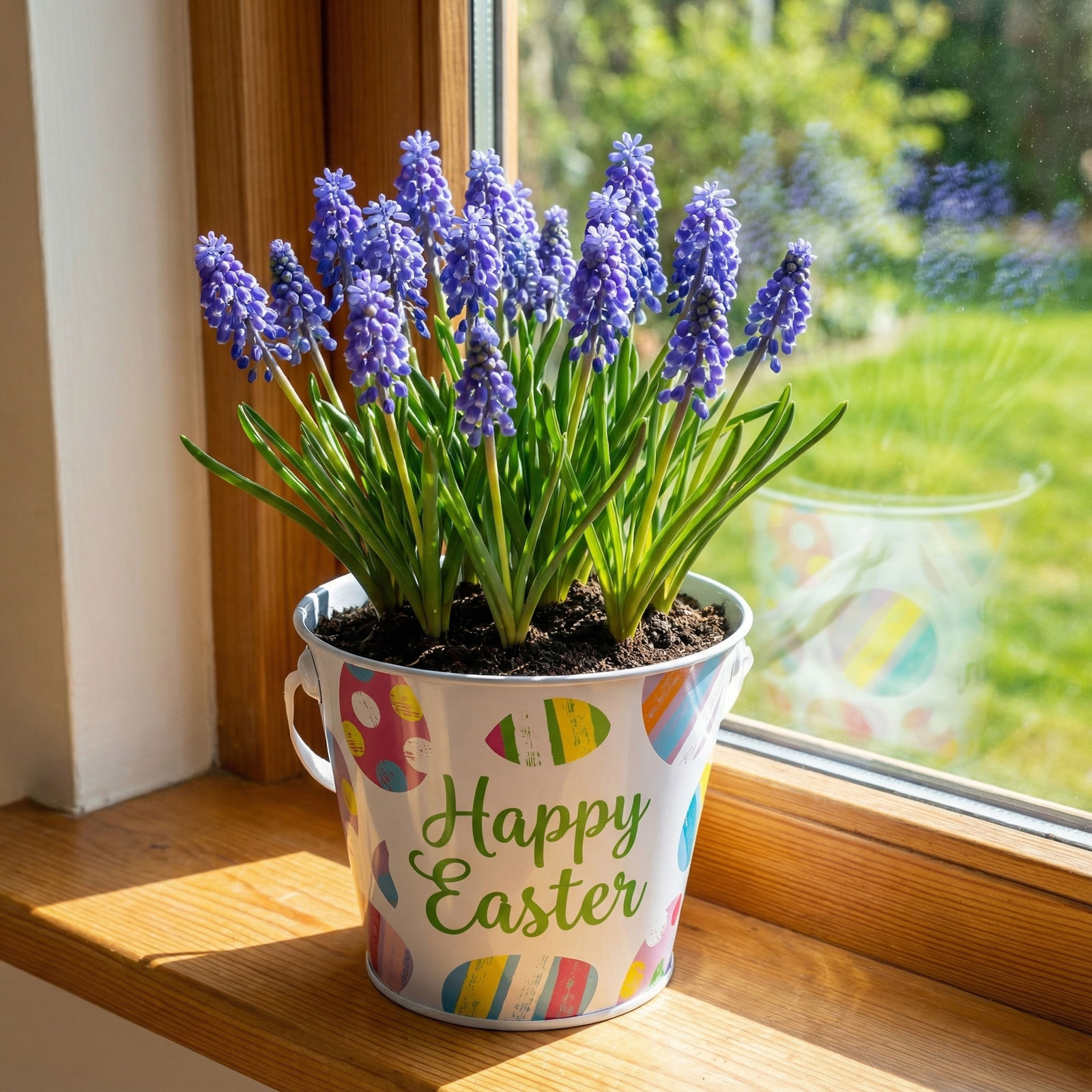 Kék gyöngyvirágok egy cserépben az ablakpárkányon, 'Happy Easter' felirattal.