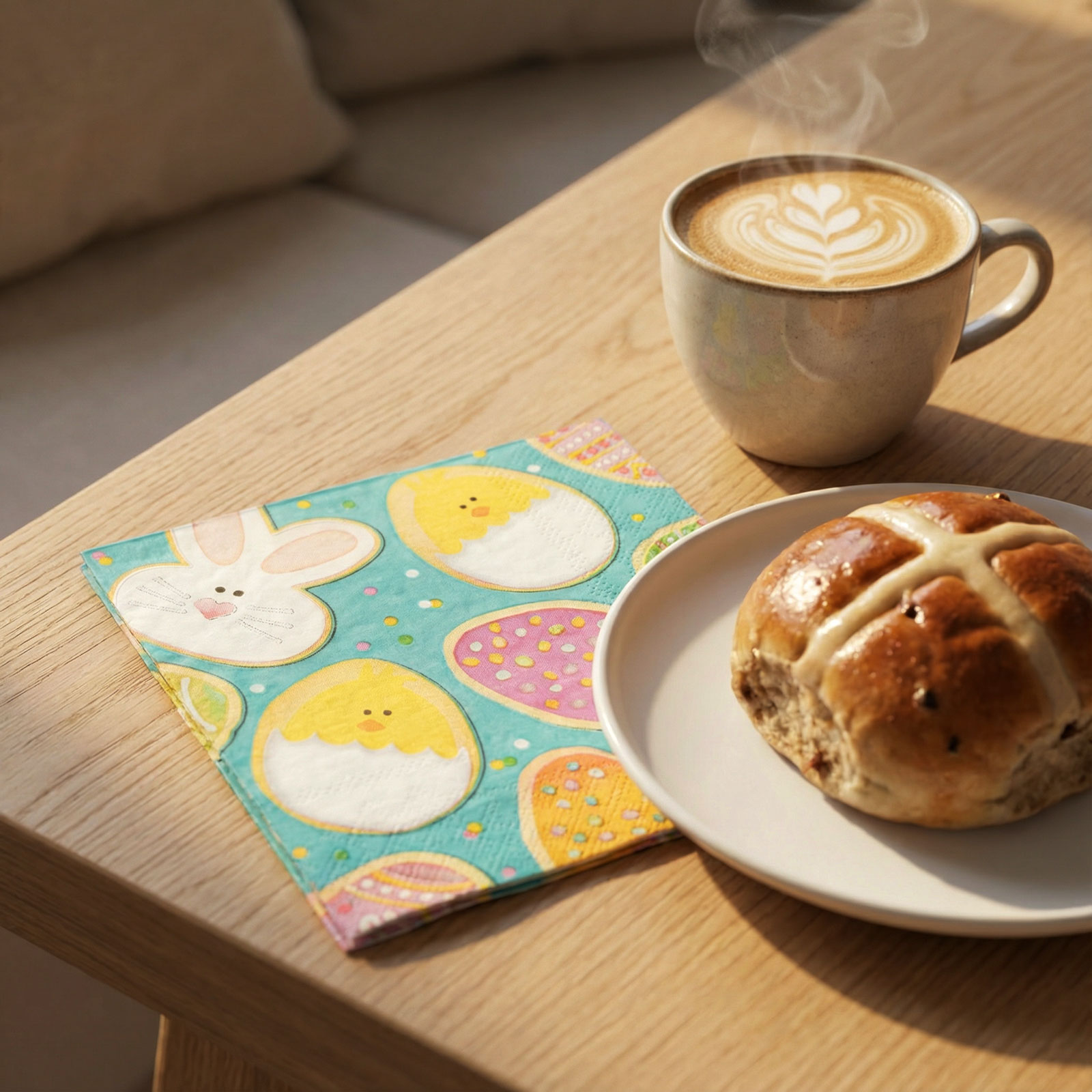 Forró ital latte art-tal, egy zsemle és egy húsvéti mintás szalvéta.