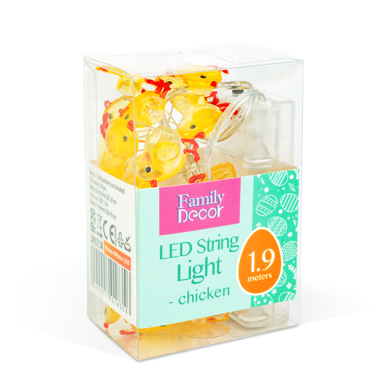 LED-es fényfüzér 20 sárga csibe figurával, piros csőrrel, 1,9m.