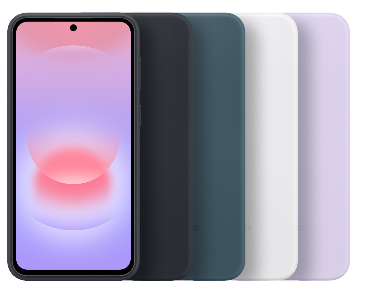Un smartphone con fondo de pantalla morado y rosa, junto a cuatro fundas de teléfono grises, azules, blancas y lila.