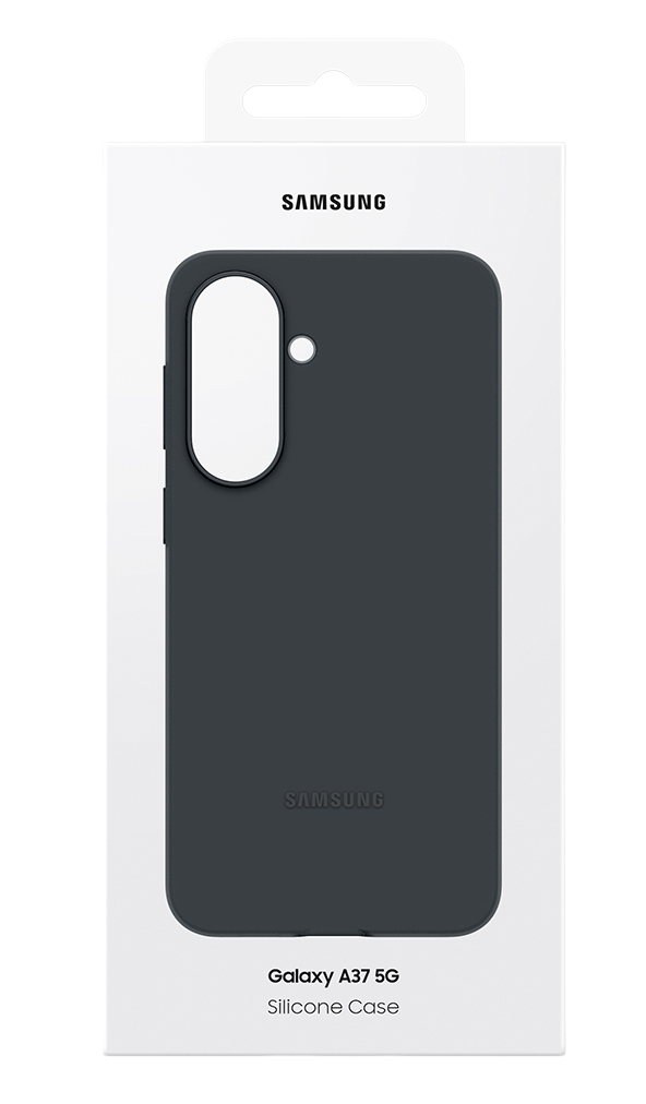 Funda de silicona Samsung Galaxy A37 5G gris oscuro en caja blanca.