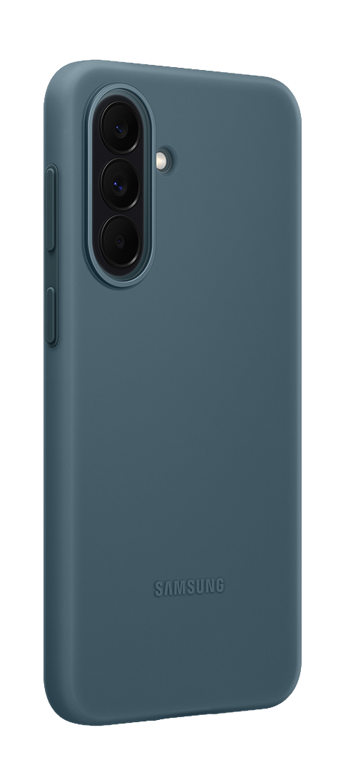 Funda azul para teléfono con tres cámaras y logo Samsung.