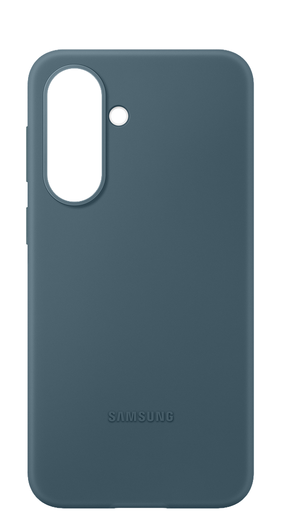 Una funda de teléfono azul oscuro con recorte para cámara y logo Samsung.