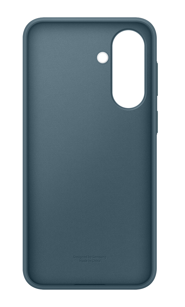 Funda azul oscuro para teléfono con recortes para cámara y botones.