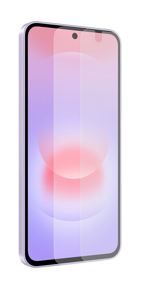 Un smartphone con protector de pantalla y marco morado.