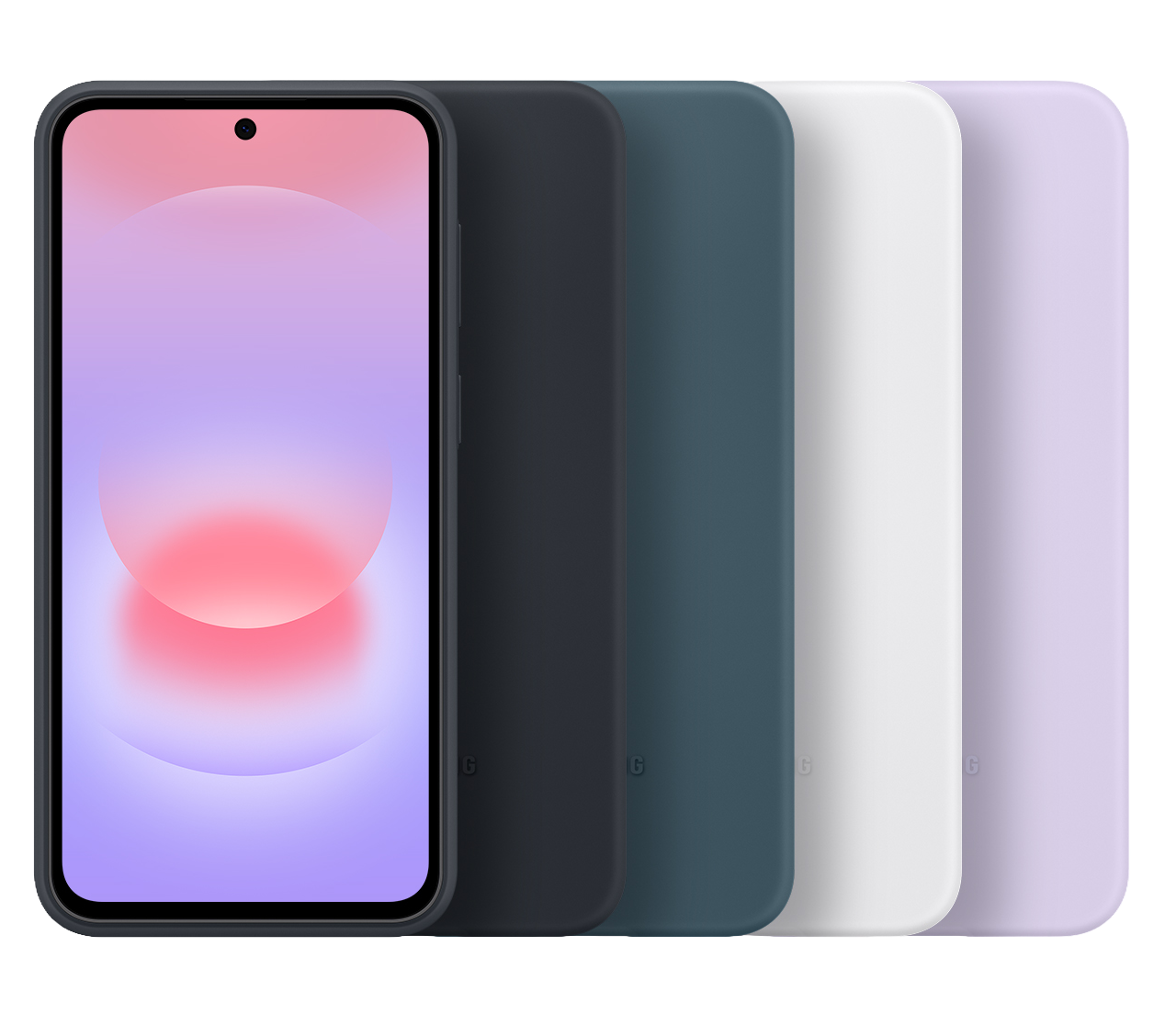 Un smartphone con pantalla degradada, junto a cuatro fundas de teléfono de colores.