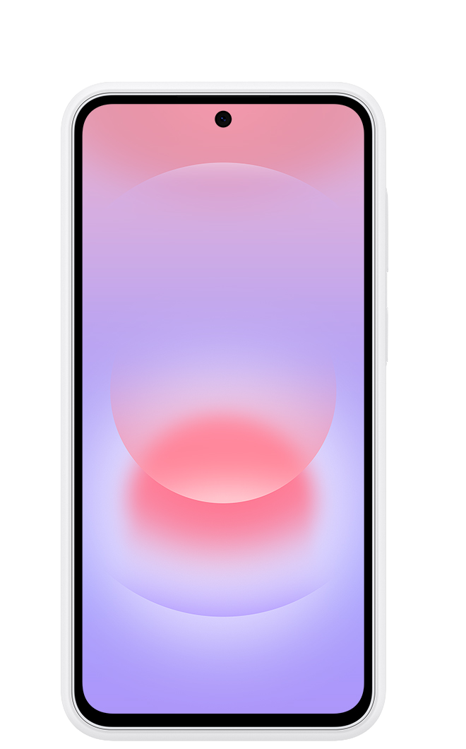 Un smartphone blanco con un fondo degradado morado y rosa.