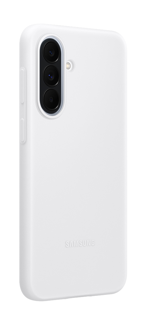 Funda blanca Samsung con tres lentes de cámara y flash.