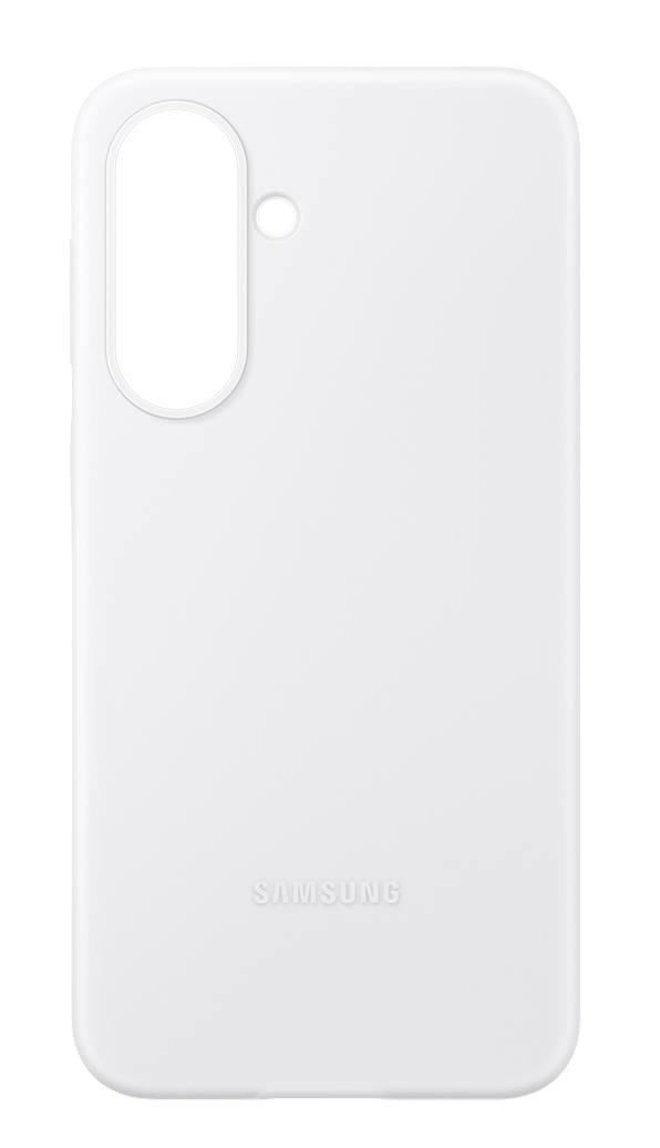 Una funda blanca para teléfono Samsung con recorte para cámara y logo.
