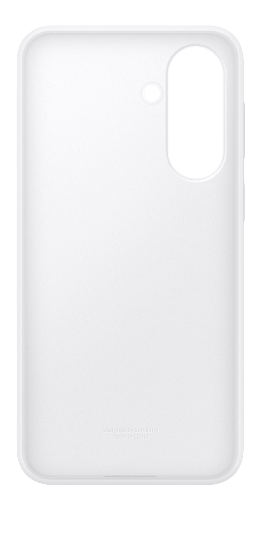 Funda blanca para teléfono con recorte para cámara e inscripción.