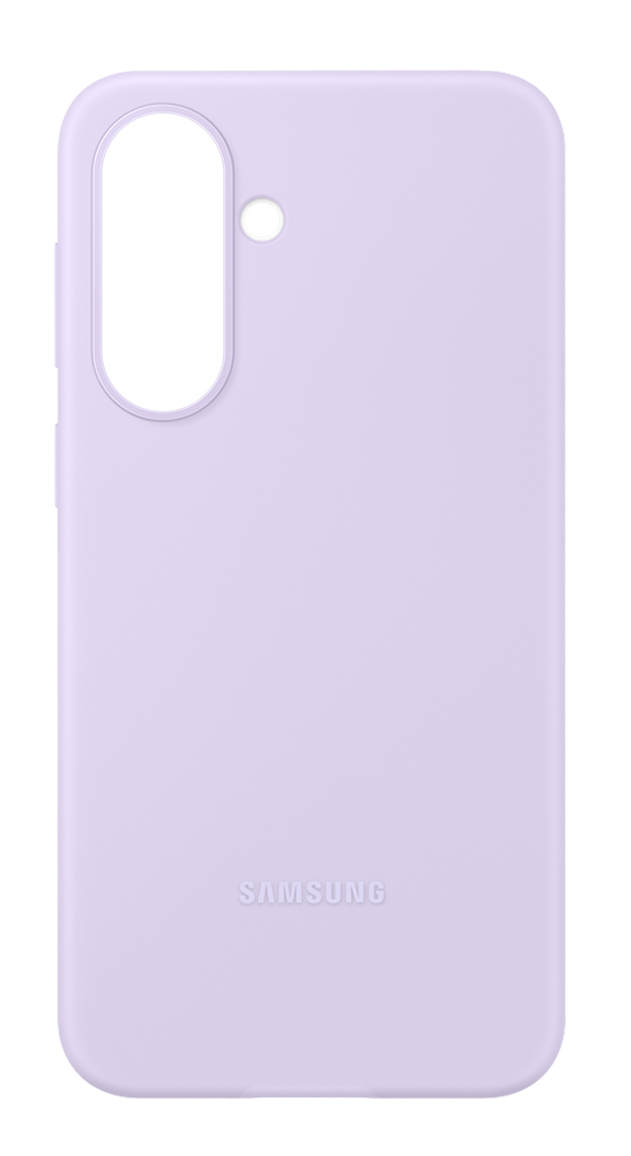 Funda morada para Samsung con recorte de cámara y logo.