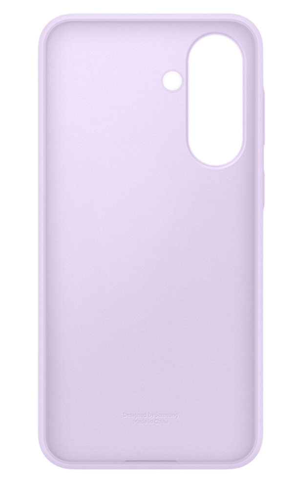 Funda morada para teléfono con recortes para cámara y flash.