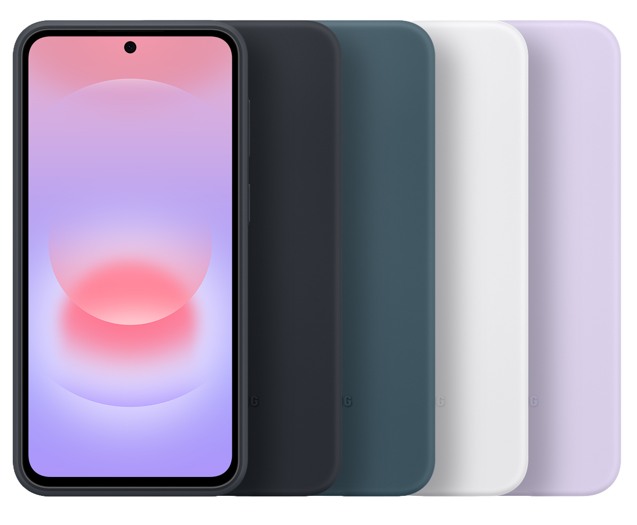 Un smartphone con fondo degradado y cuatro fundas en gris oscuro, azul, blanco y morado.