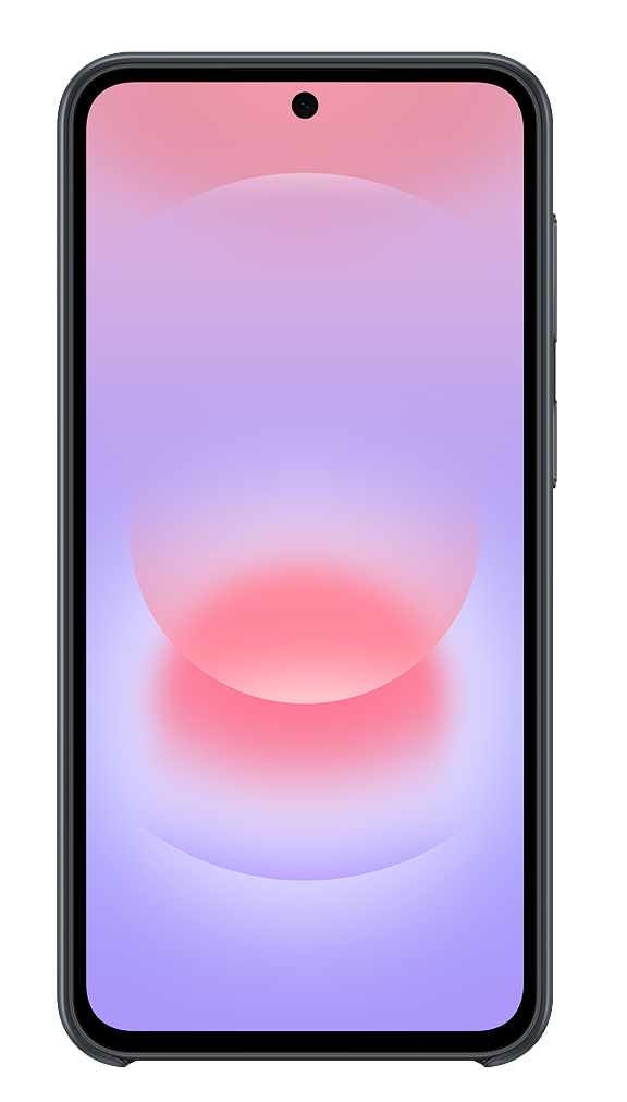 Un teléfono inteligente oscuro con pantalla degradada de rosa a morado.
