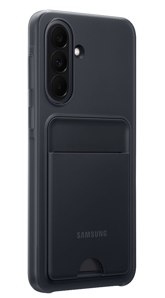 Funda de teléfono gris oscuro con tres cámaras y ranura para tarjetas.
