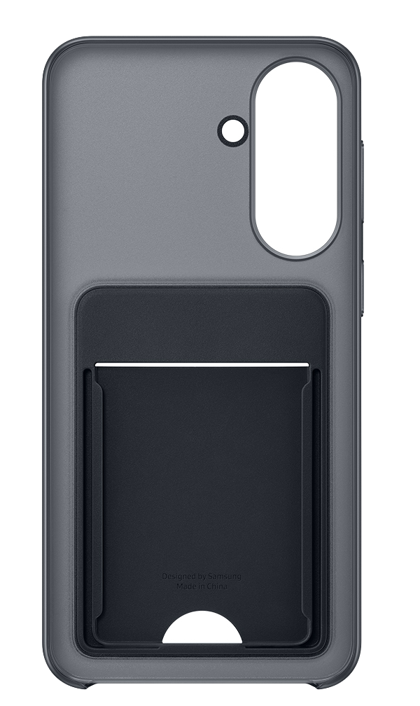 Funda de teléfono gris con ranura para tarjetas y recorte para cámara.
