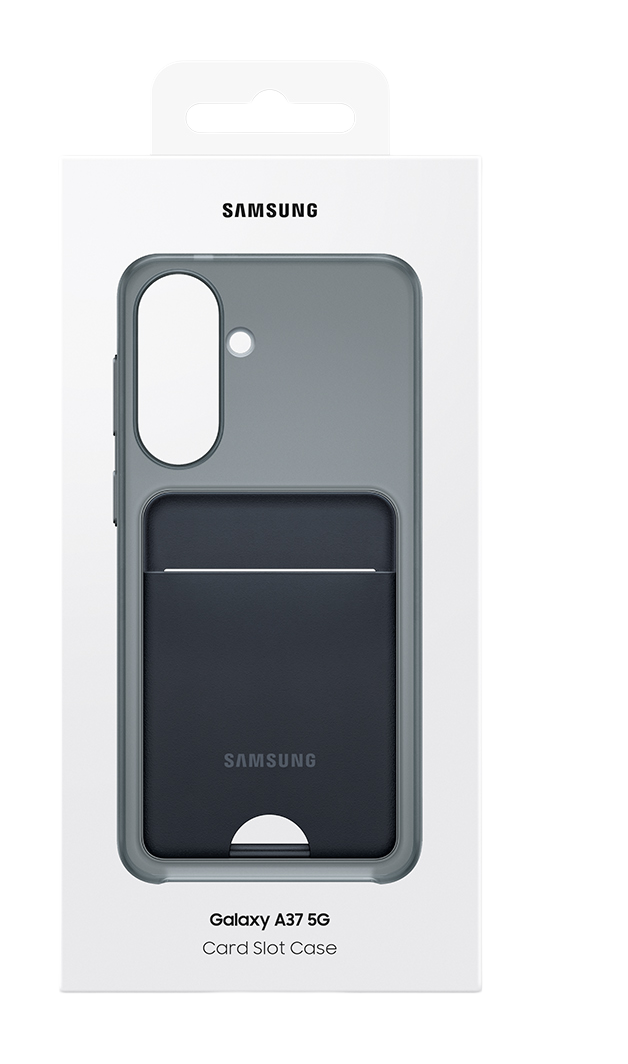 Embalaje de la funda Samsung Galaxy A37 5G con ranura para tarjeta. Funda gris con ranura oscura.