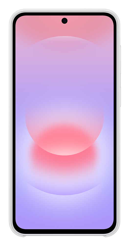 Un teléfono inteligente blanco con un fondo degradado suave de tonos morados y rosados.