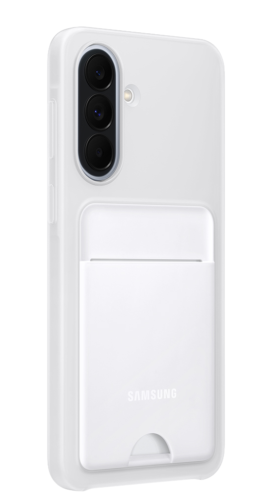 Funda blanca para móvil con tres cámaras y ranura para tarjetas.