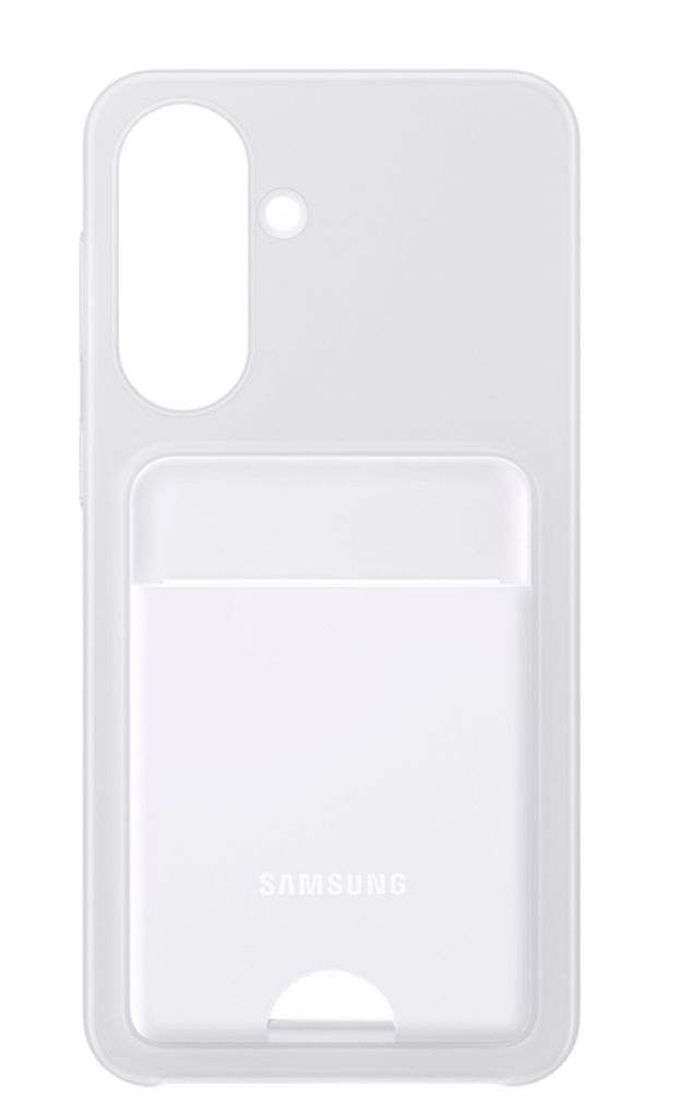 Funda blanca para teléfono con ranura para tarjetas y logo Samsung.
