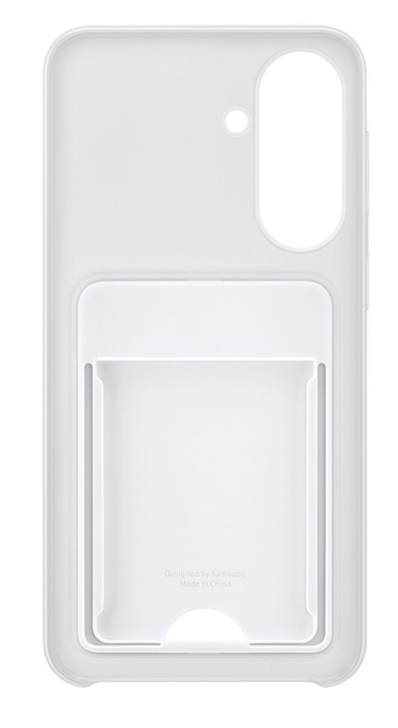 Funda blanca para teléfono con ranura para tarjetas y recorte de cámara.