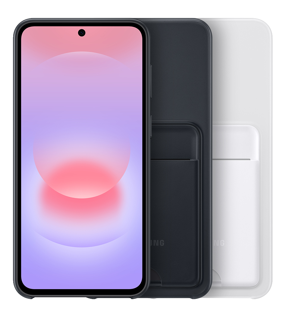Un smartphone negro con pantalla rosa y morada se muestra delante de dos fundas.