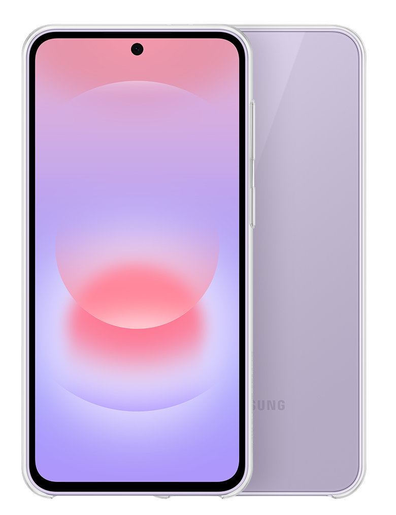 Un smartphone morado con pantalla degradada y módulo de cámara.