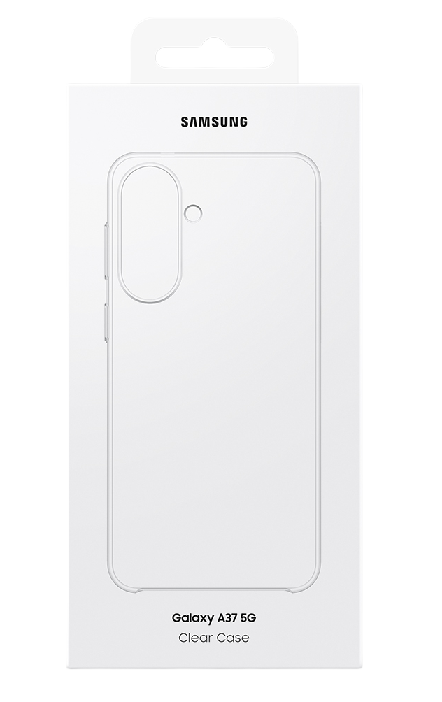Embalaje blanco Samsung Galaxy A37 5G Clear Case con contorno del producto.