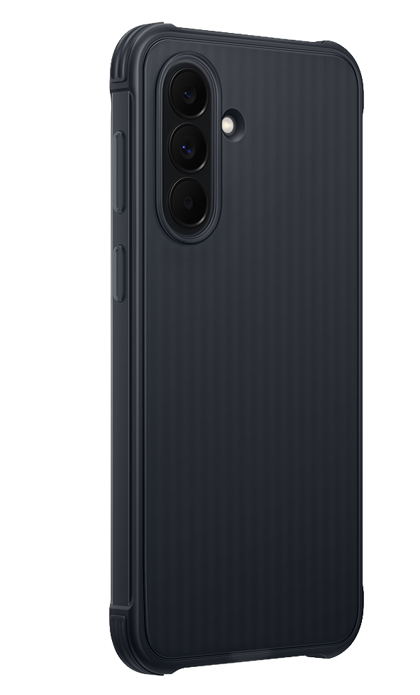 Funda de teléfono gris oscuro con tres cámaras traseras y flash.