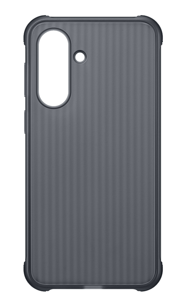 Funda de teléfono gris oscuro con textura acanalada vertical y recorte de cámara.