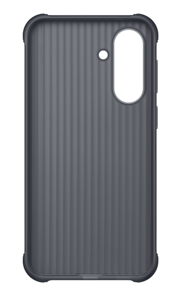 Funda de teléfono gris oscuro con ranuras verticales y recorte de cámara.