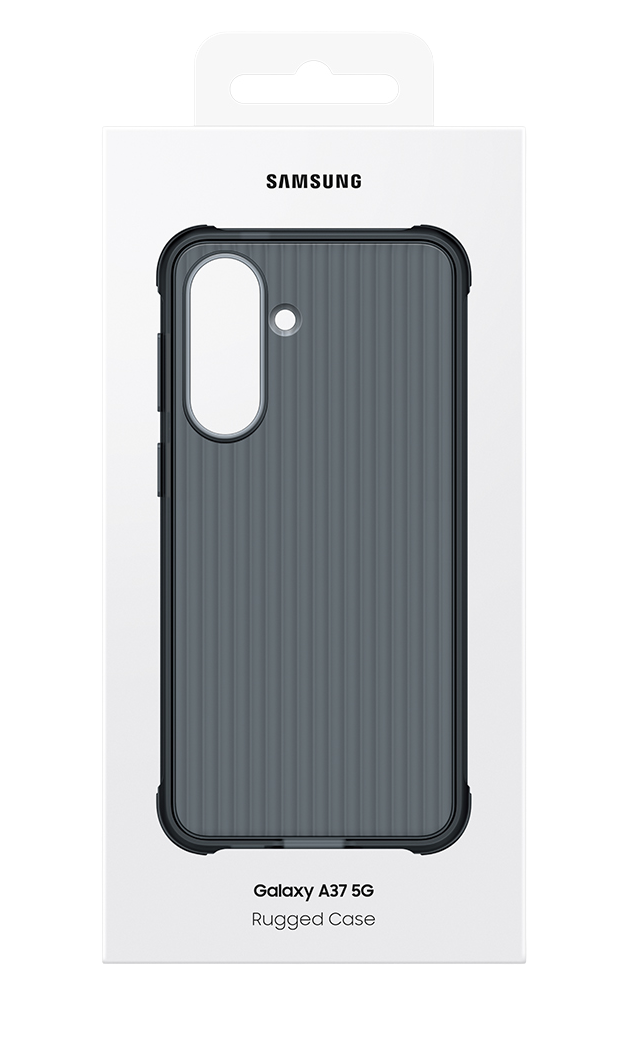 Embalaje de funda resistente Samsung Galaxy A37 5G. Funda gris oscuro con diseño acanalado.