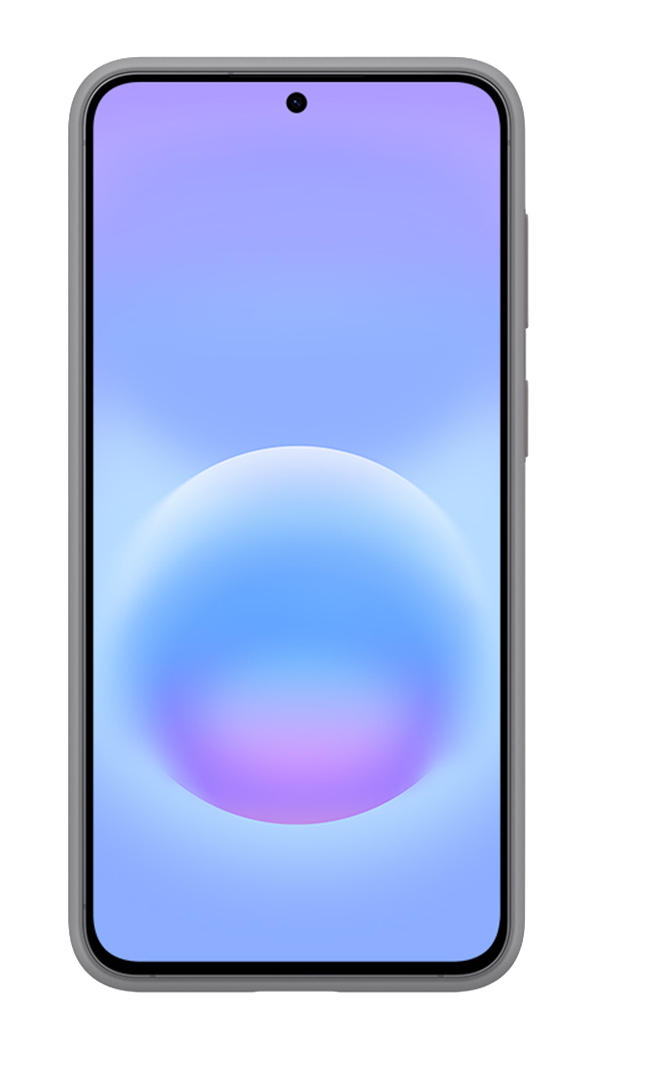 Teléfono inteligente gris con fondo de pantalla azul-púrpura. Un pequeño punto negro en la parte superior.