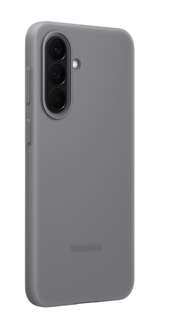 Funda gris para Samsung con tres lentes de cámara y flash.