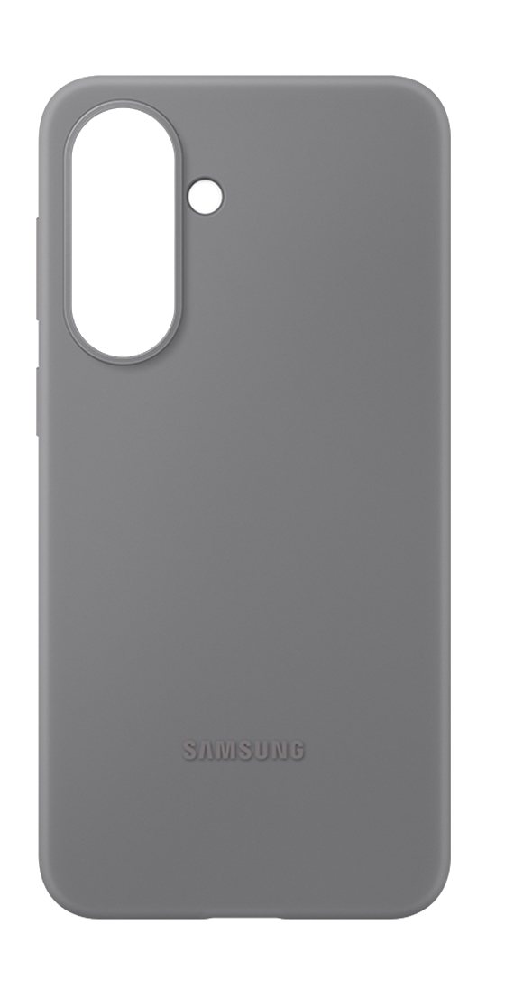 Funda gris para teléfono Samsung con recorte para cámara y logo.