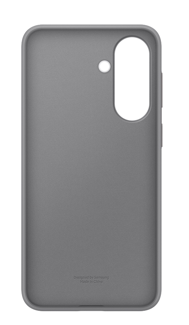 Funda de teléfono gris con recorte de cámara y logo Samsung.