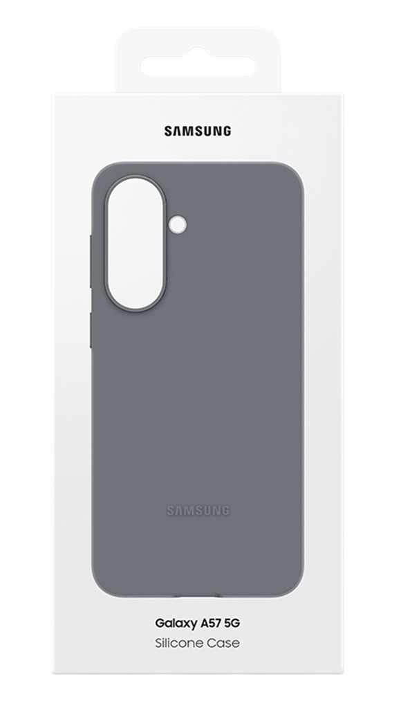 Funda de silicona gris Samsung Galaxy A57 5G en caja.