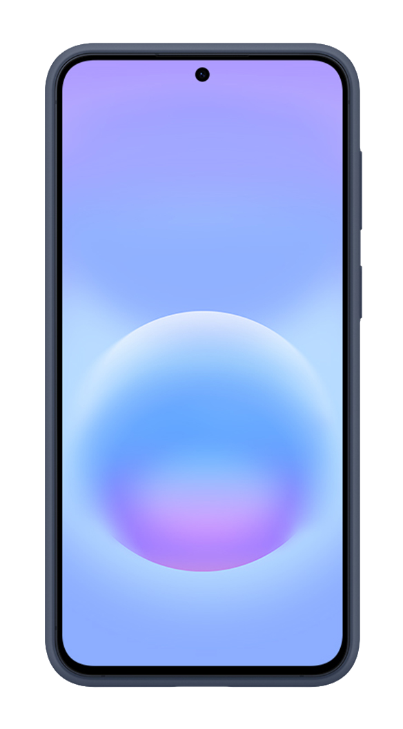 Un teléfono inteligente oscuro con un fondo de pantalla degradado azul y púrpura.