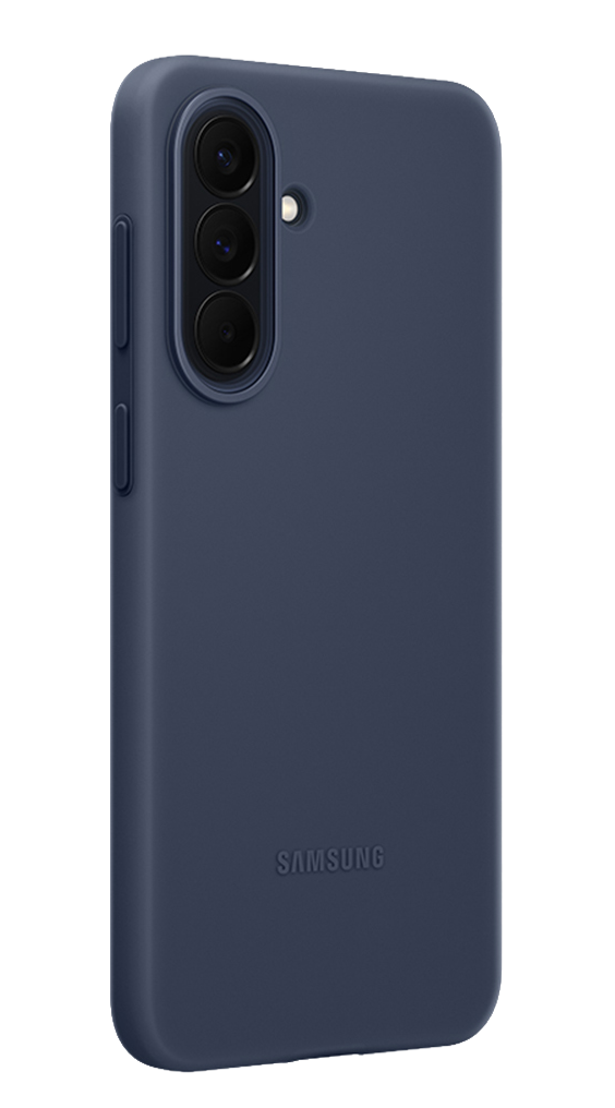 Funda azul oscuro para teléfono con tres lentes de cámara y flash.