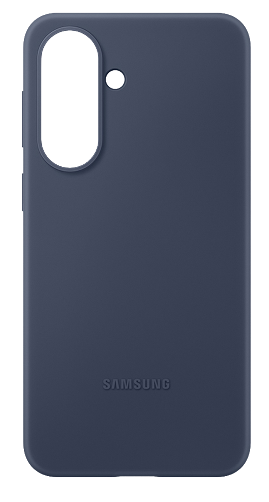 Funda azul oscuro para teléfono con recorte para cámara y logo Samsung.