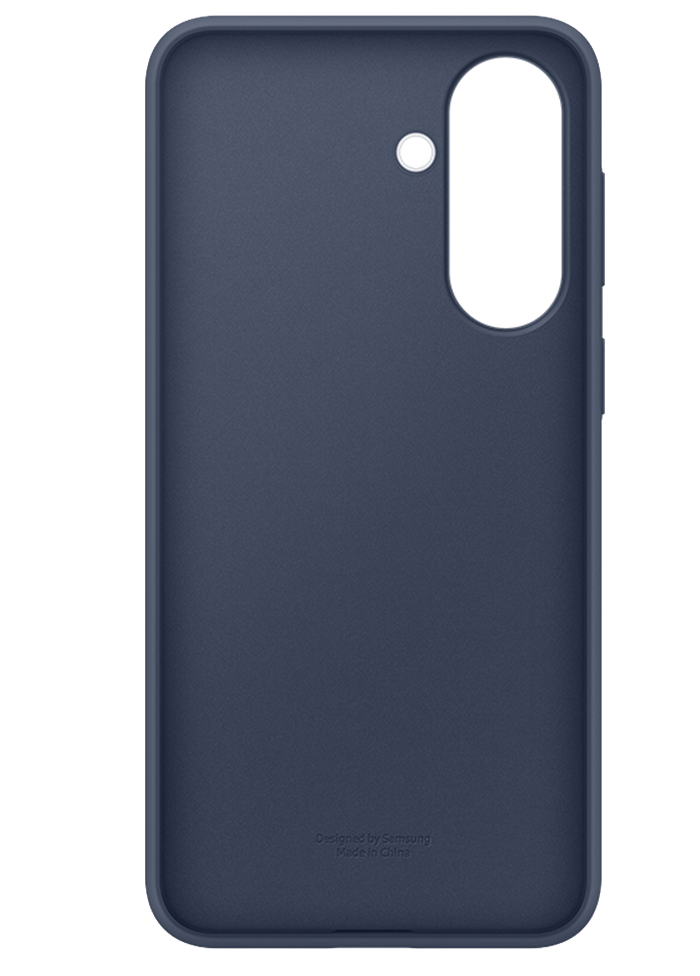 Funda de silicona azul oscuro con recortes para cámara y flash.
