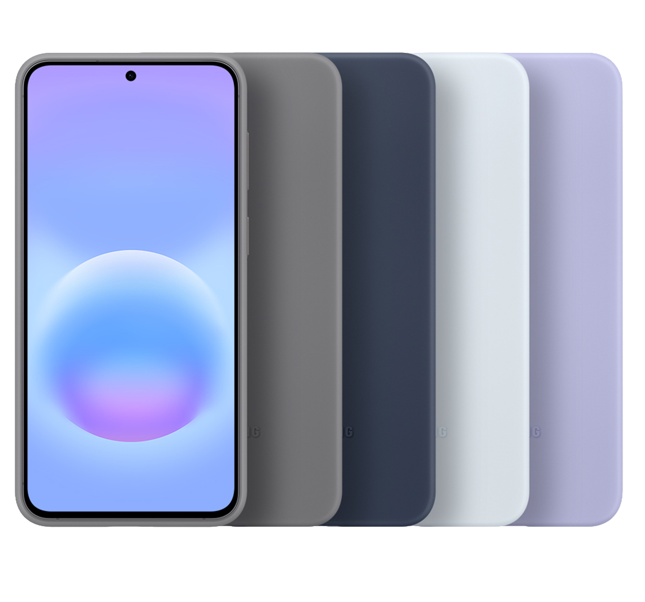Un smartphone con funda gris, junto a otras cuatro fundas en gris, azul marino, azul claro y morado.
