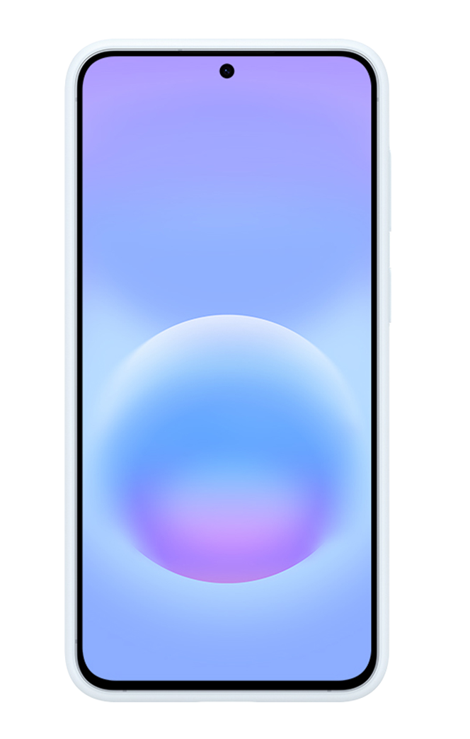 Un smartphone azul claro con un fondo degradado en su pantalla.