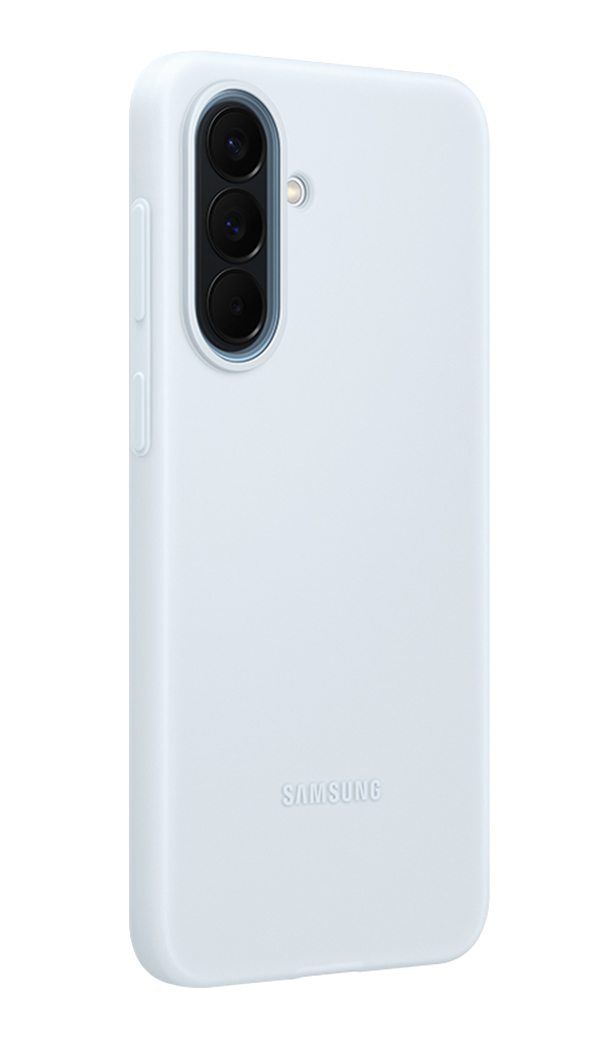 Una funda azul claro para Samsung con cámara triple y logo de Samsung.