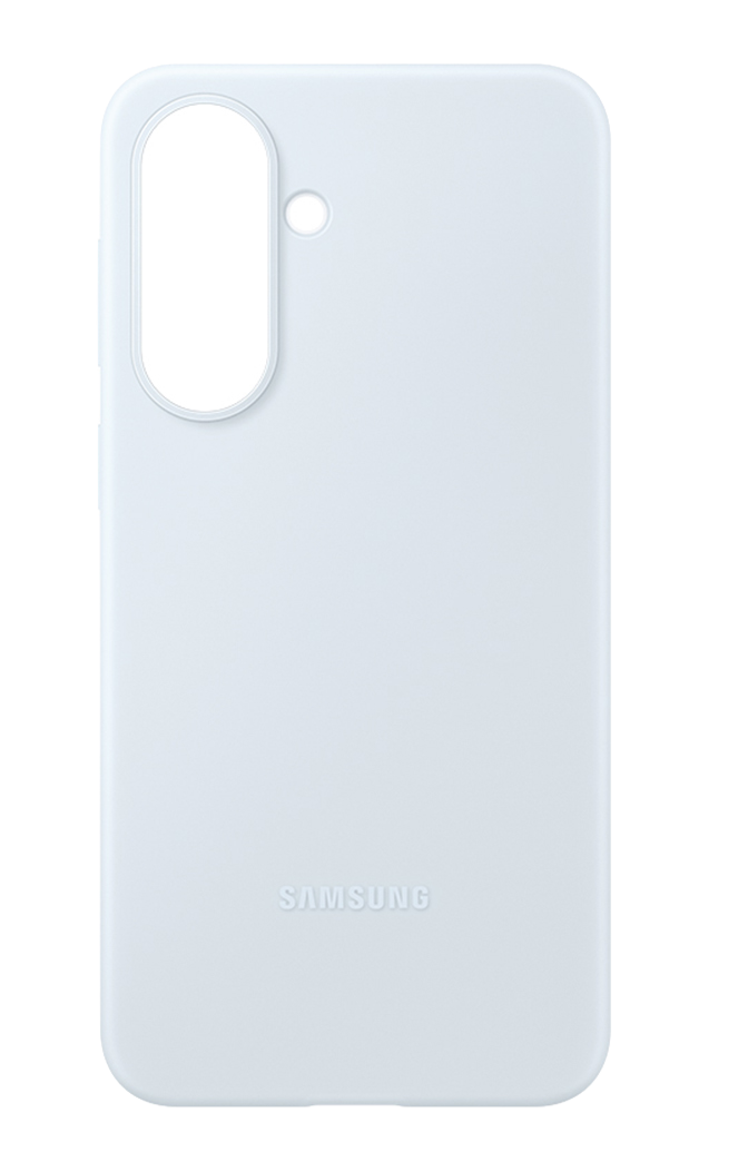 Una funda de teléfono azul claro con recorte de cámara y logo Samsung.