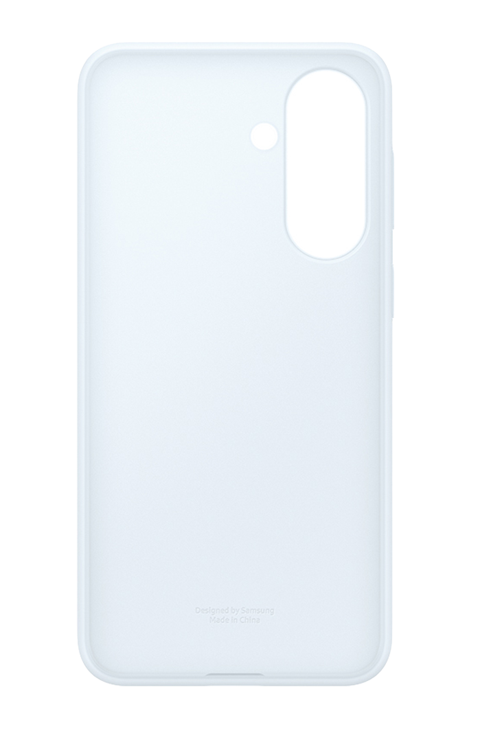 Funda de teléfono translúcida azul claro con recorte de cámara y logo Samsung.