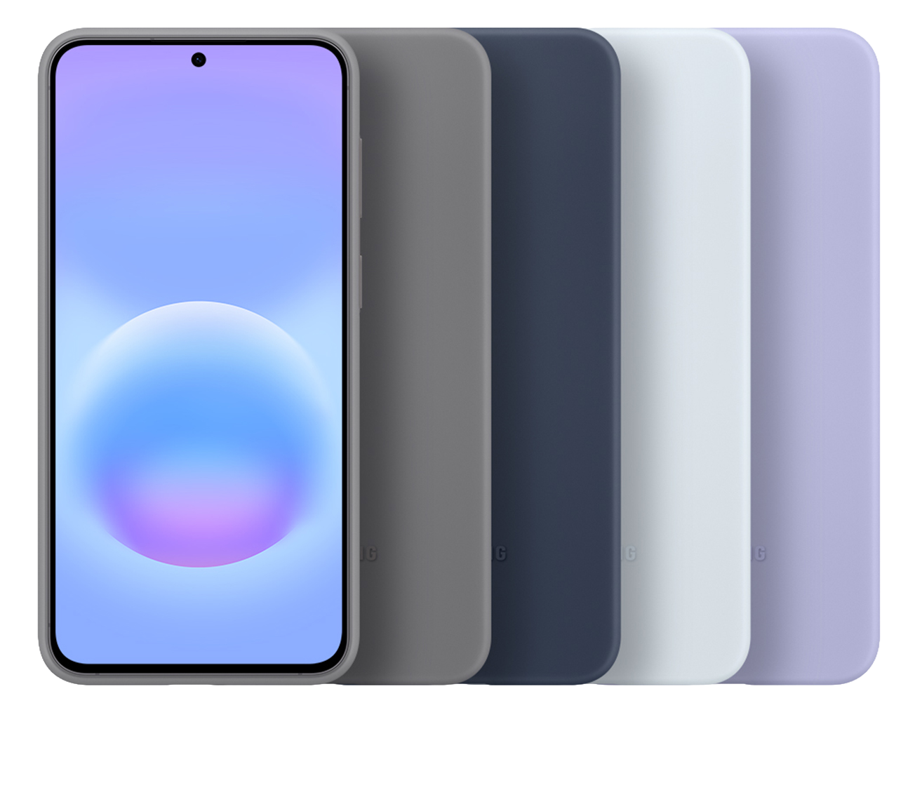 Se muestra un teléfono inteligente con pantalla degradada púrpura y azul junto a cuatro fundas coloridas.